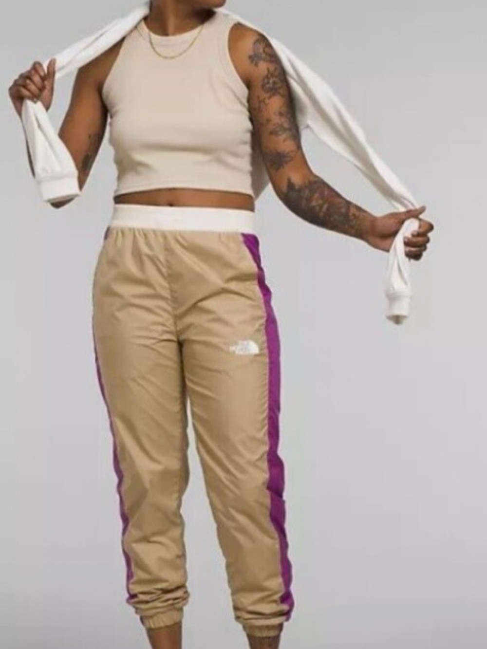 The North Face Tan Track Pants with Purple Side Stripe